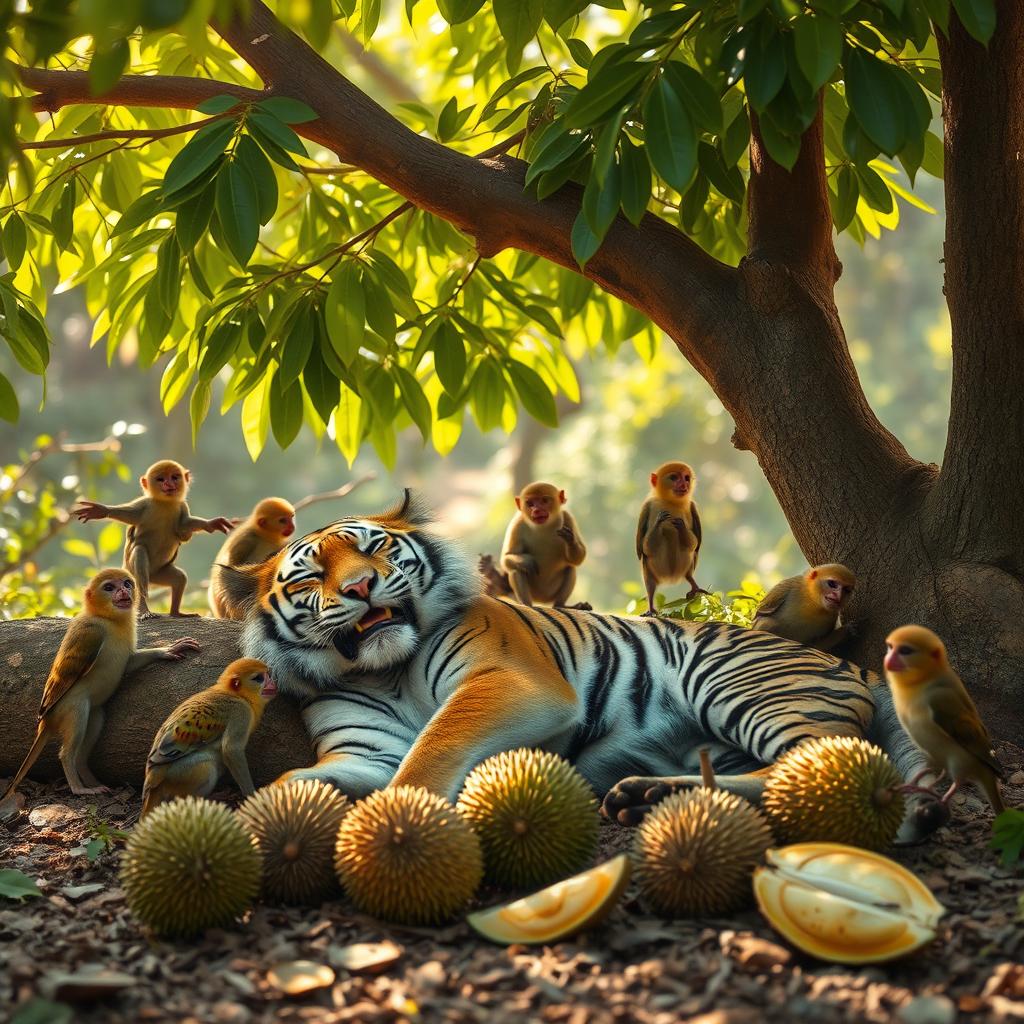 A content tiger sleeping peacefully under a lush green tree, sporting a satisfied smile