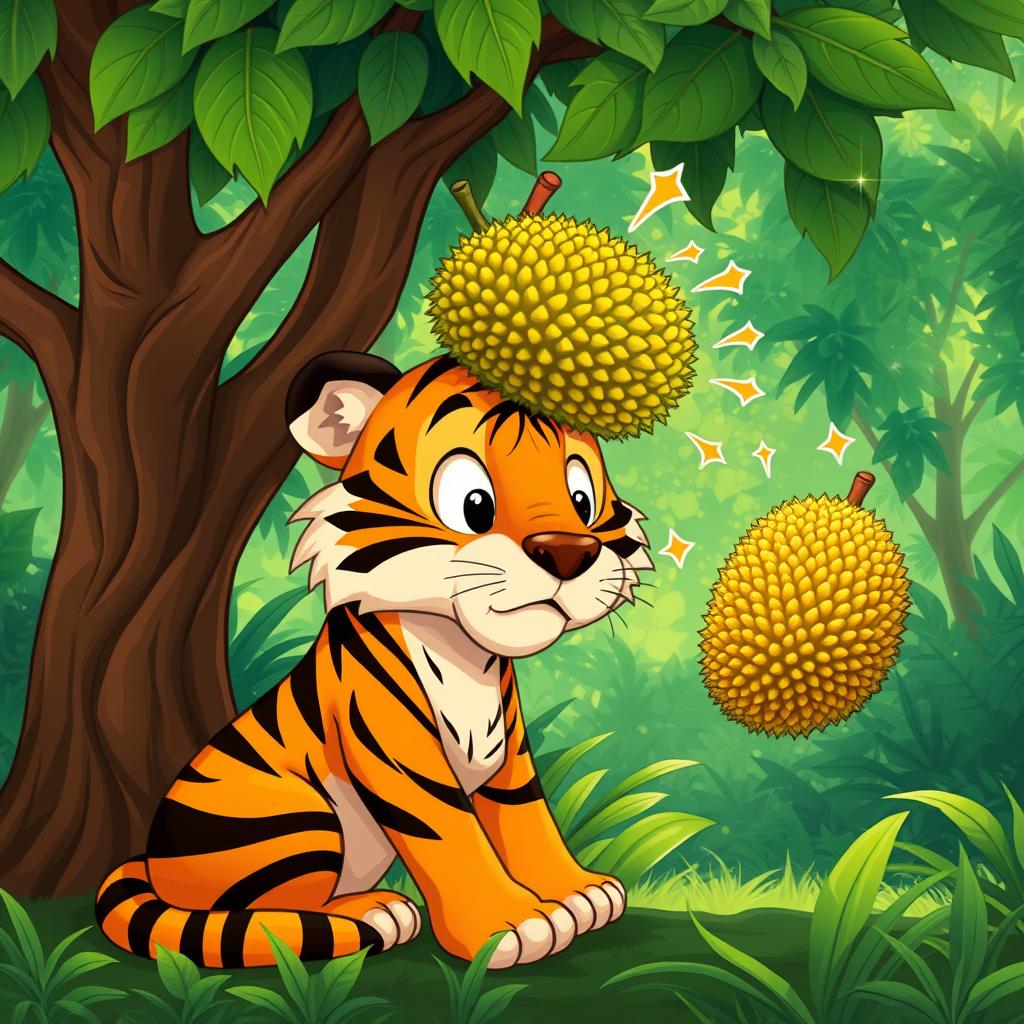 A whimsical illustration of a majestic tiger with vibrant orange and black stripes sitting under a leafy tree, suddenly experiencing surprise as a big durian falls and hits it on the head