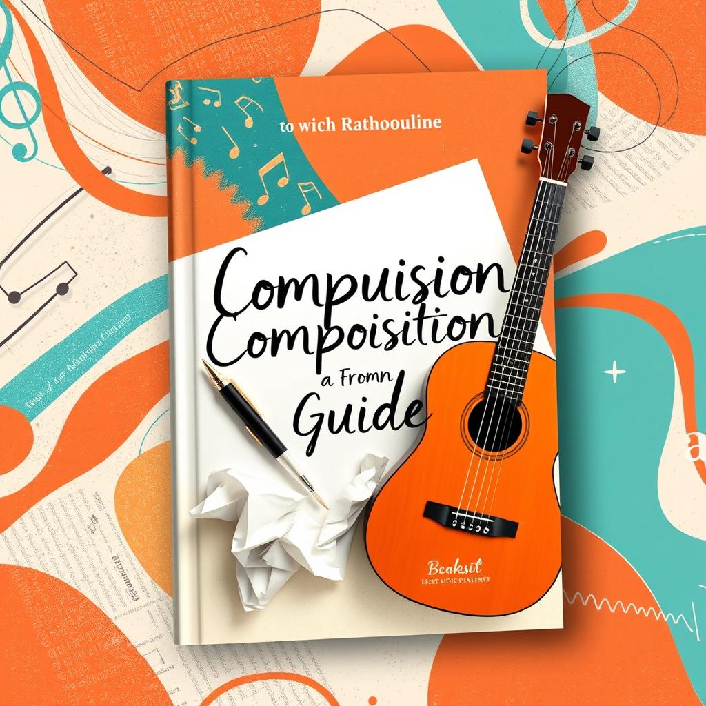 A modern book cover design for a composition guide, featuring an artistic arrangement of a pen, paper, and guitar