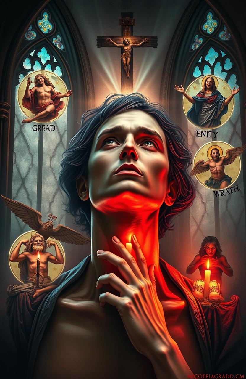 A thought-provoking and artistic representation of a human figure, surrounded by symbolic representations of various sins such as greed, lust, envy, gluttony, wrath, and sloth