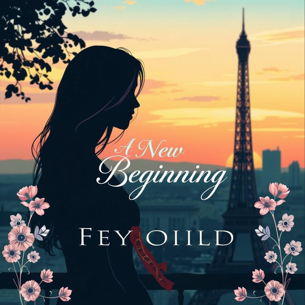 A book cover design featuring a silhouette of a young woman with long flowing hair against a sunset backdrop of the Eiffel Tower in Paris