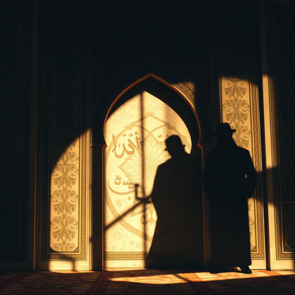 A striking and introspective image depicting shadows representing various sins, such as greed and envy, cast over an ornate Islamic architectural backdrop