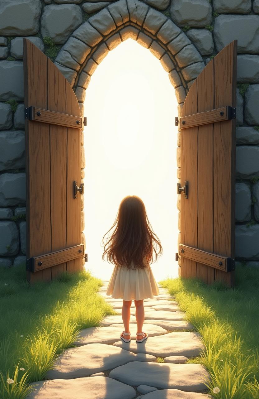 A young girl with long, flowing brown hair, wearing a delicate cream-colored dress and white sandals, stands at the entrance of a majestic stone archway