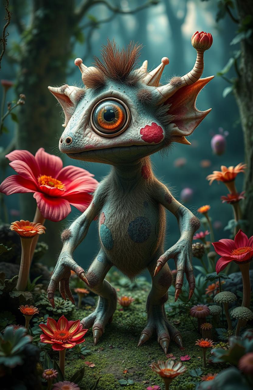 A fantastical creature embodying imperfection, with mismatched features such as one large eye and one small, uneven limbs, and a blend of various textures
