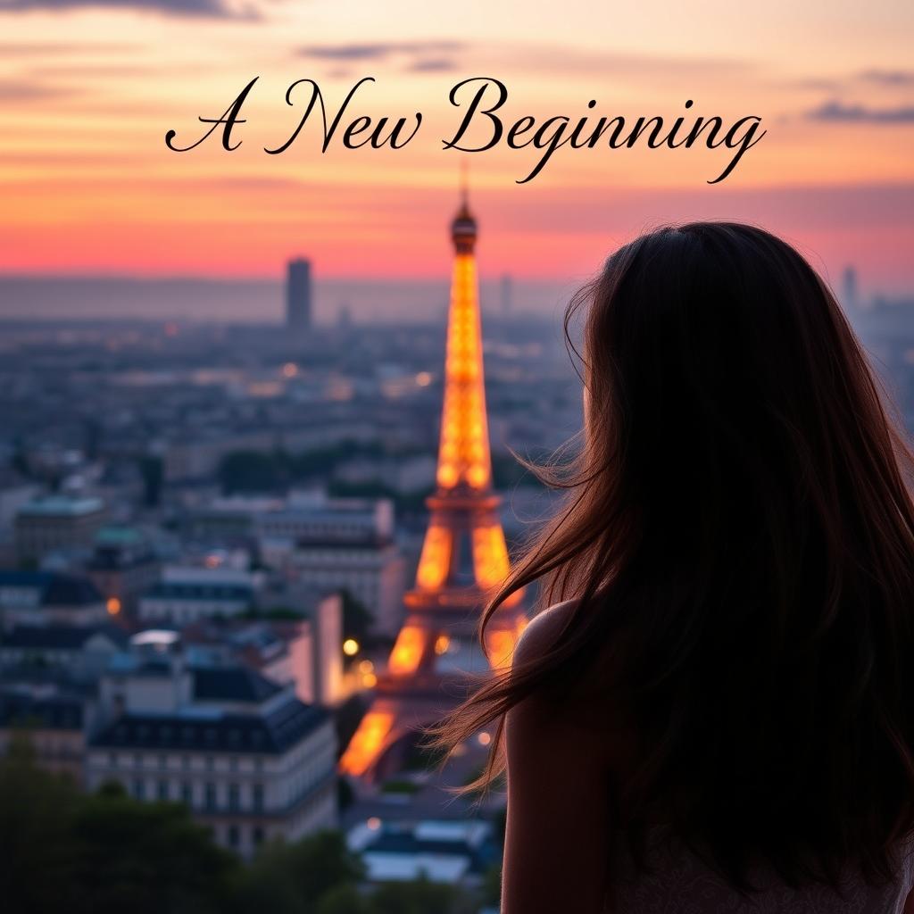 A romantic eBook cover featuring a scenic view of Paris in the background with the Eiffel Tower gently illuminated at sunset
