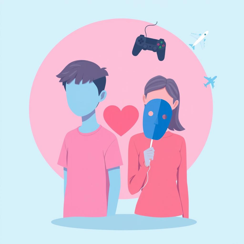 A 2D flat style illustration featuring a modern teen boy on the left side, illustrated in full light blue color with no facial features and no shirt, just a plain color