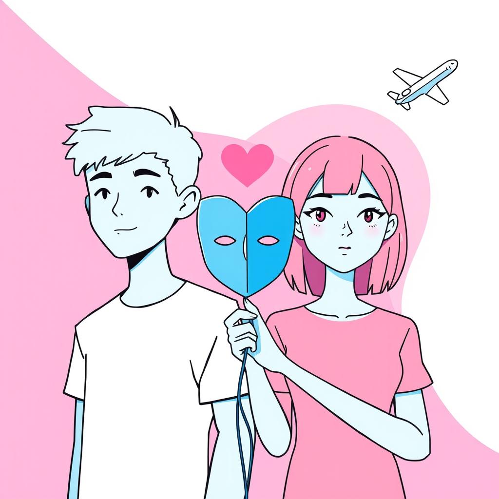 A 2D flat style illustration featuring a modern teen boy on the left side, depicted in full light blue color with no facial features and no shirt, just a plain color, outlined clearly