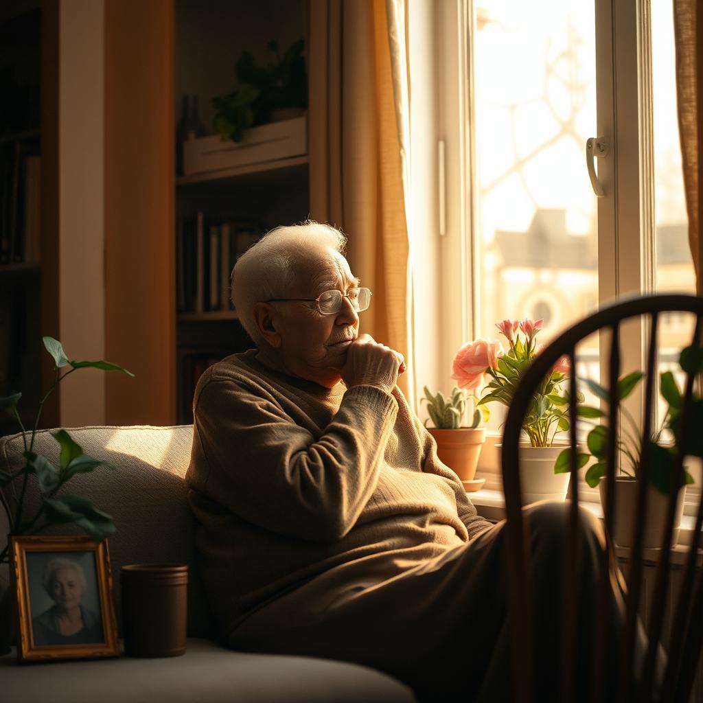 An elderly person sitting thoughtfully by a window, reflecting on the losses experienced during the COVID-19 pandemic