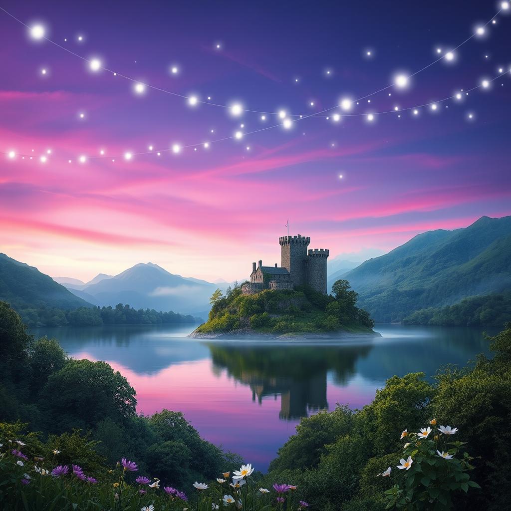 A mystical and enchanting landscape inspired by the legend of Avalon, featuring a serene lake surrounded by lush, emerald-green forests and majestic mountains in the distance
