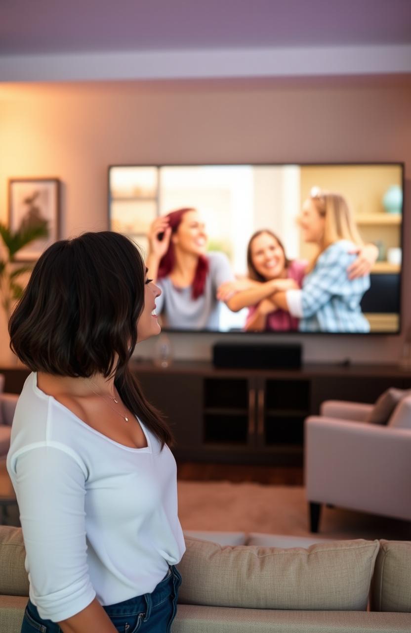 A woman standing in a cozy living room, gazing with a warm smile at a large screen displaying a joyful couple of women in love, laughing and embracing each other