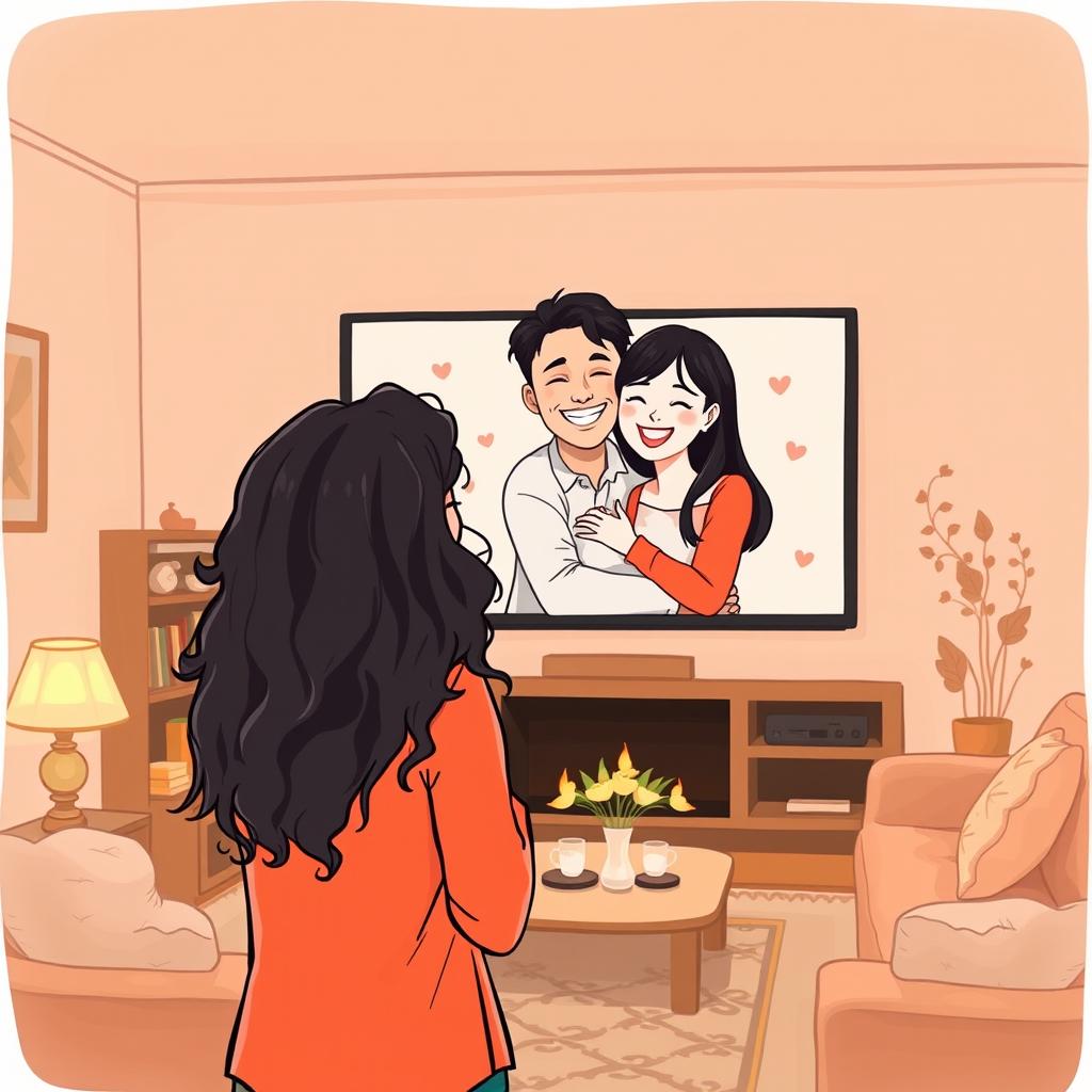 A beautiful illustration of a woman standing in a cozy living room, looking at a large screen that displays a happy couple of young women in love