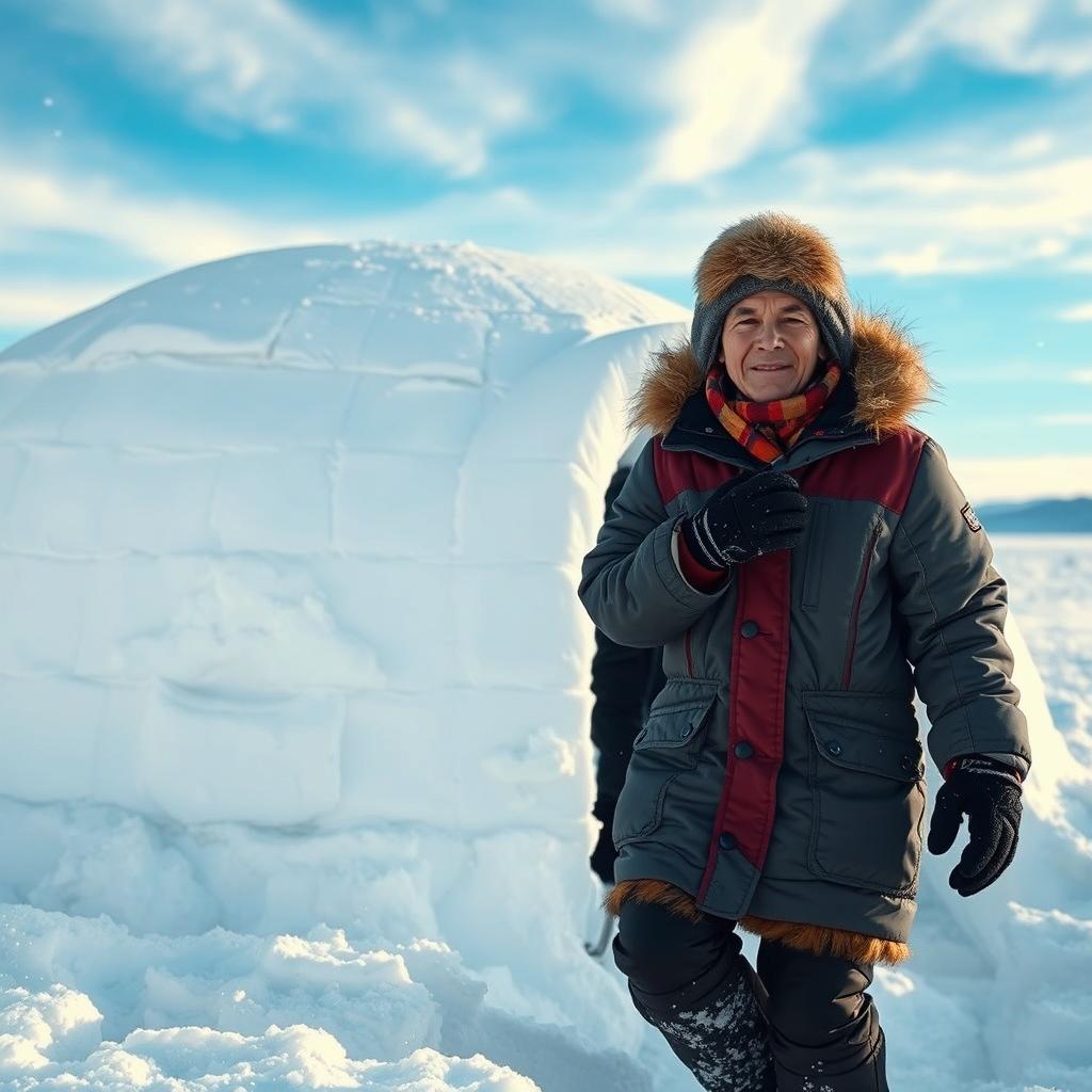 A person shivering in the cold outside a closed igloo, surrounded by a snowy landscape