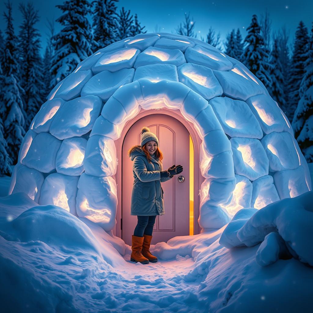 A cozy igloo made of snow and ice, surrounded by a winter landscape filled with snow-covered trees