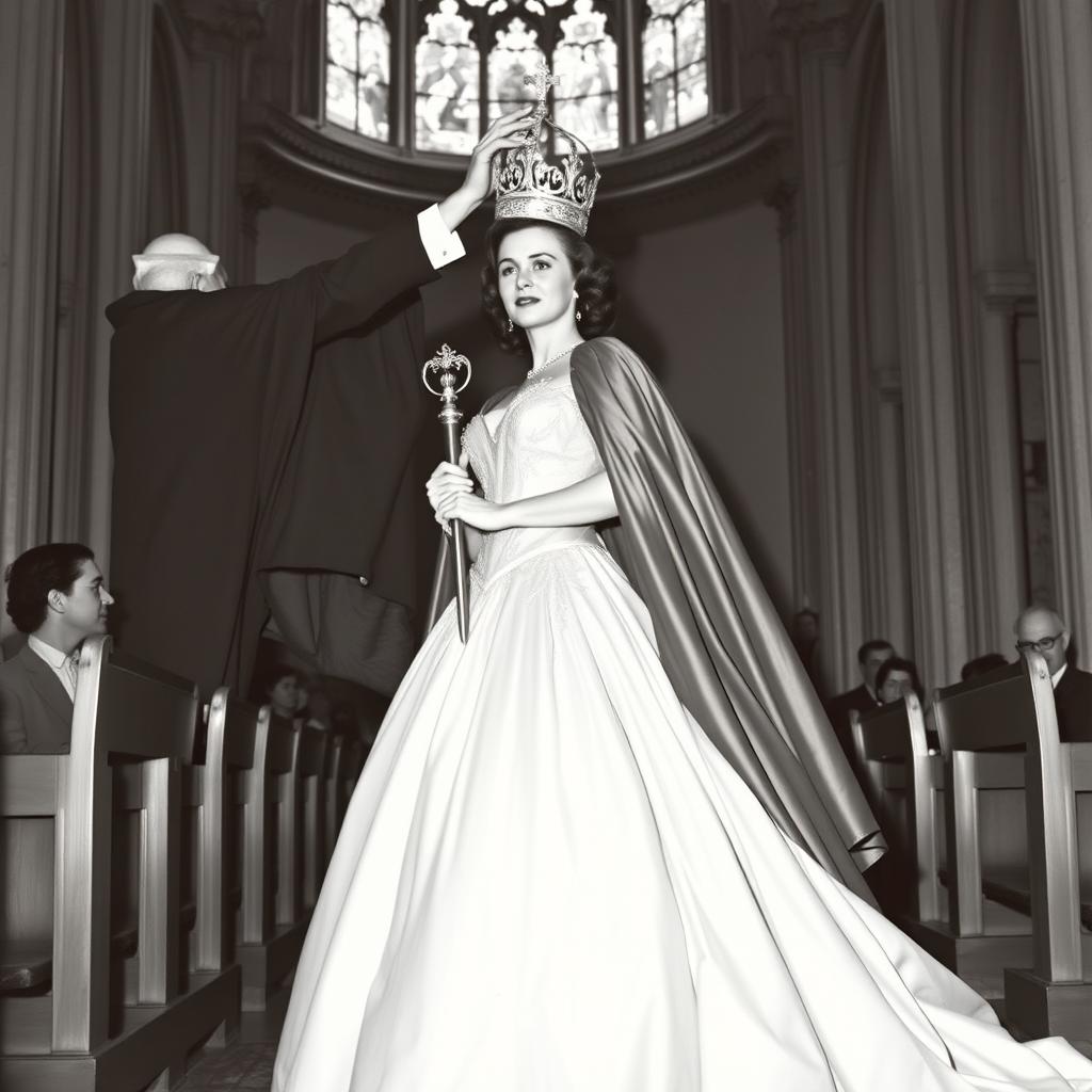 A beautiful woman from the 1940s wearing a voluminous, elegant dress while being crowned by an obiapo in a grand cathedral
