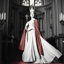A beautiful woman from the 1940s wearing a voluminous, elegant dress while being crowned by an obiapo in a grand cathedral