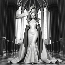 A beautiful woman from the 1940s wearing a voluminous, elegant dress while being crowned by an obiapo in a grand cathedral