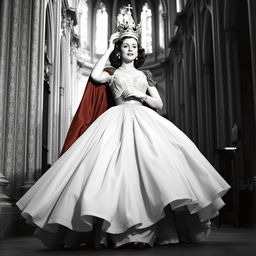 A beautiful woman from the 1940s wearing a voluminous, elegant dress while being crowned by an obiapo in a grand cathedral