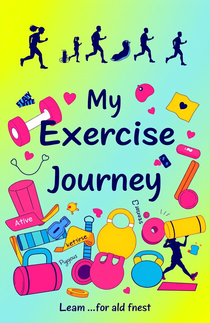A vibrant and engaging cover page for an exercise book, featuring an array of colorful and dynamic illustrations of various exercise equipment such as dumbbells, resistance bands, yoga mats, and kettlebells