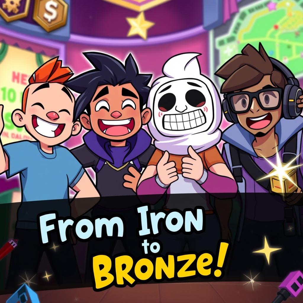 A colorful and humorous thumbnail for a video about ranking up in Valorant with friends, depicting a group of four diverse characters, two being animated, one a meme-inspired character, and the fourth a stylish gamer