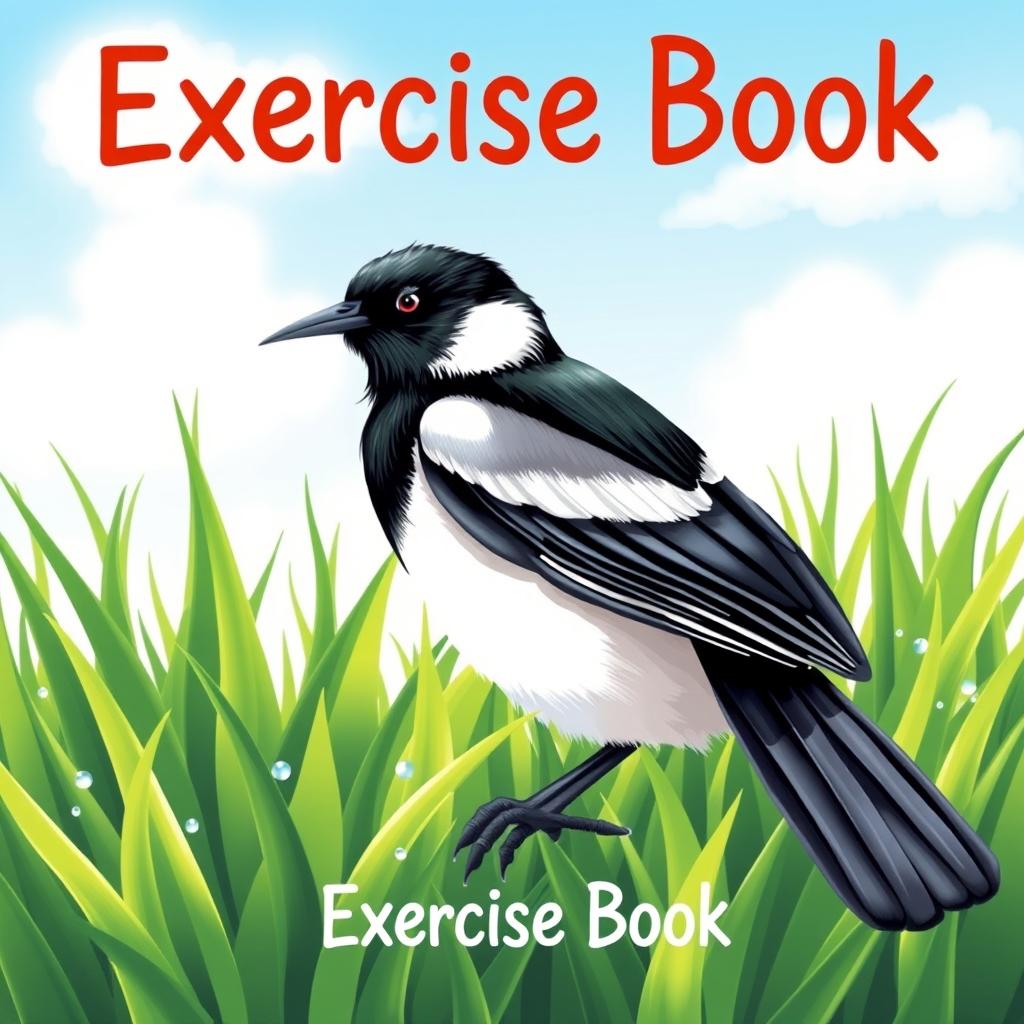 A vibrant cover page for an exercise book featuring a beautifully illustrated magpie perched gracefully on lush green grass
