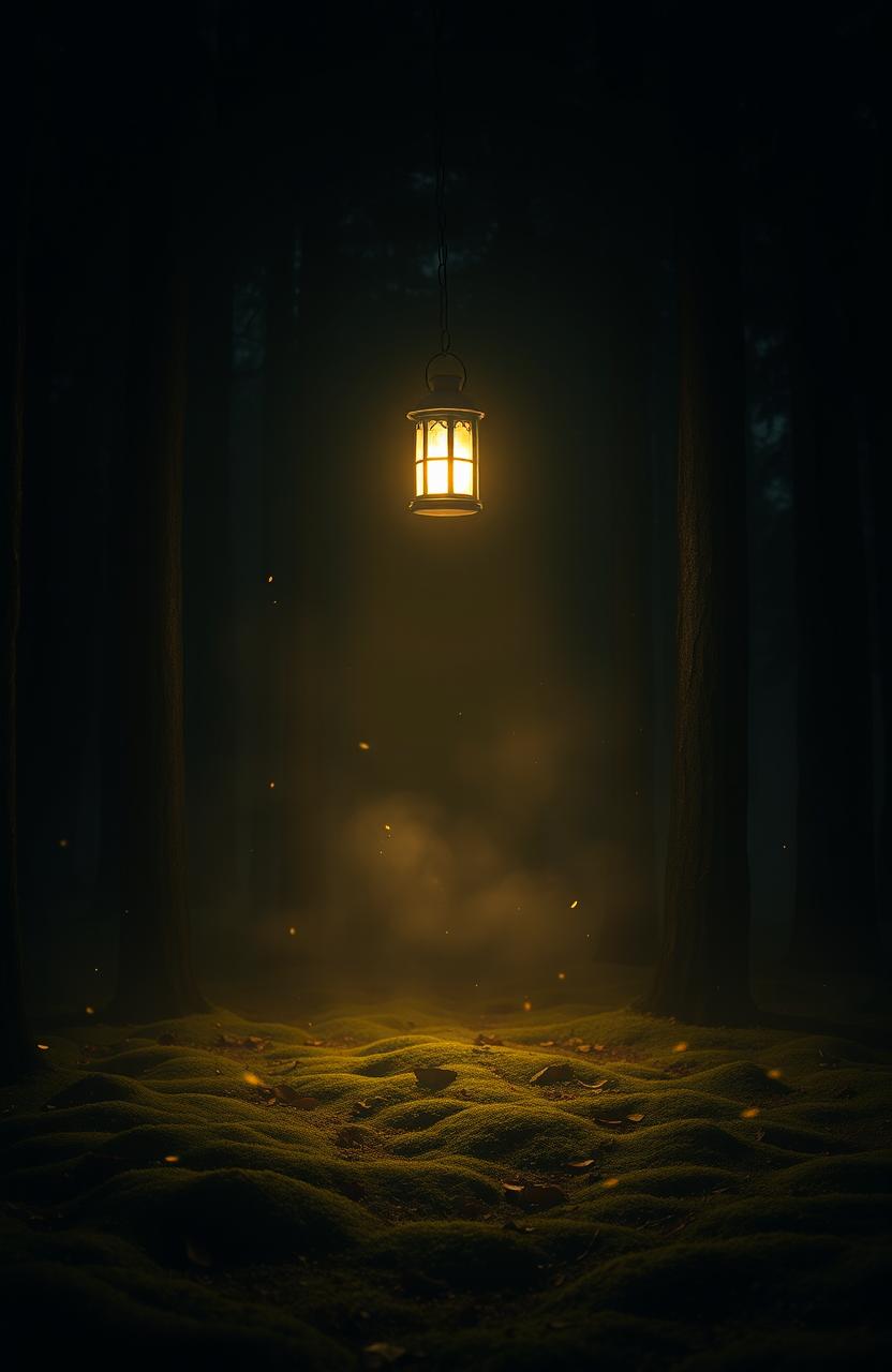 A captivating scene titled 'Light in the Darkness', featuring a solitary glowing lantern suspended in mid-air illuminating a serene, dark forest