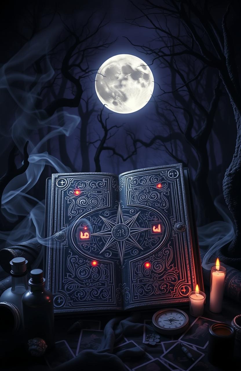 A captivating book cover for a witch's grimoire featuring a dark and mystical design