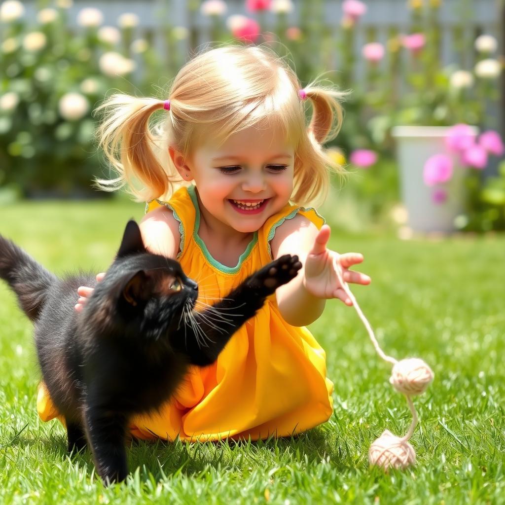 A joyful scene of a little blonde girl playing with her playful black cat