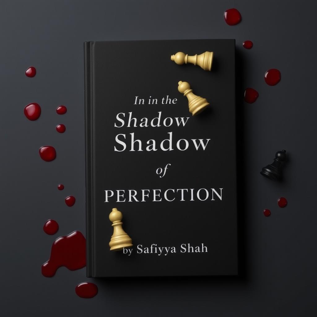 A minimalistic book cover design featuring a dark background, adorned with red blood drops scattered around
