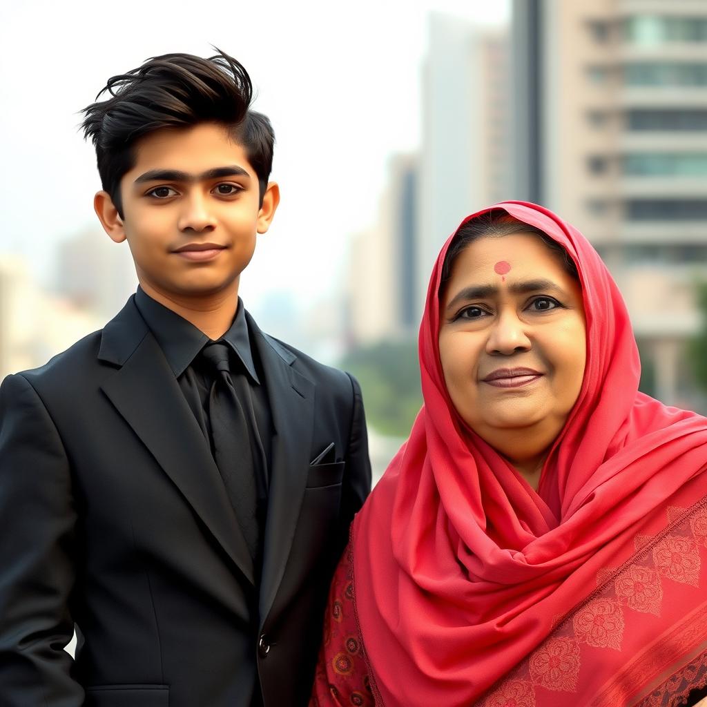 A handsome Iranian boy with striking black hair, wearing a stylish black suit, standing confidently at 6