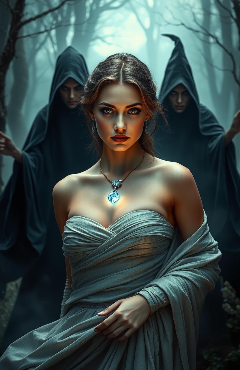 A beautiful young woman gracefully draped in elegant attire, with a magical gemstone glowing around her neck