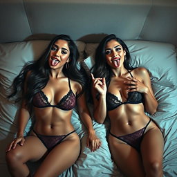 Two sultry Latina twins in bed, wearing revealing lingerie, playfully posed with their tongues sticking out