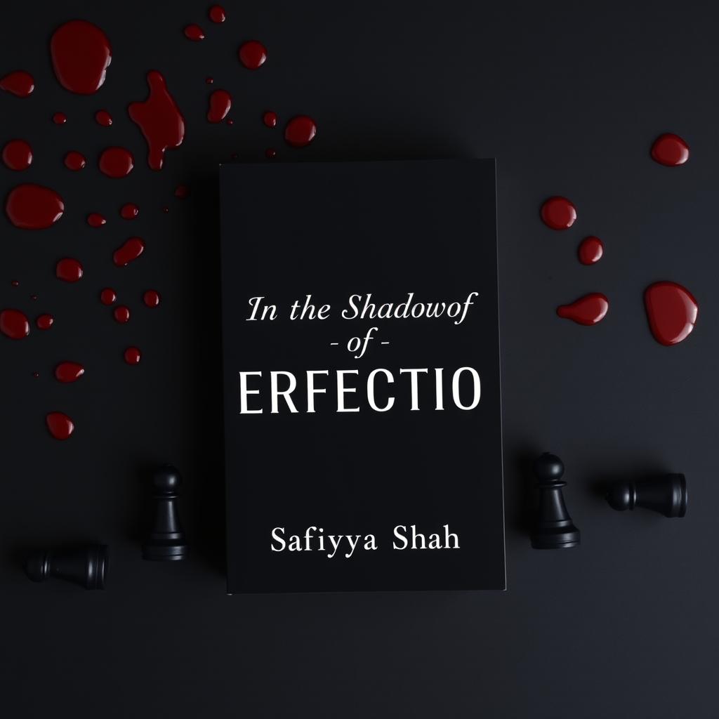 A minimalistic mystery book cover featuring a dark background accentuated by red blood drops scattered across the surface