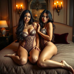 Two sultry Latina twins in a fancy bedroom, lying on a plush bed wearing elegant lingerie