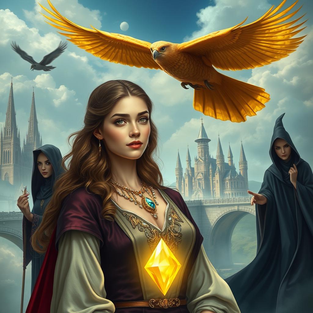 A beautiful young woman adorned in elegant clothing, wearing a magical gemstone that radiates light around her neck