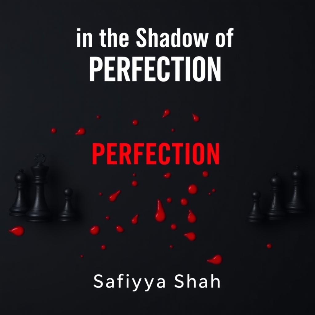 A minimalistic mystery book cover featuring a dark background, contrasted by vivid red blood drops splattered across the design