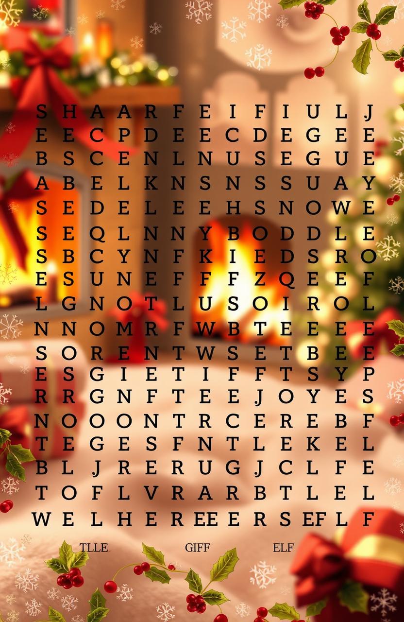 A cozy Christmas-themed word search puzzle featuring holiday-related words like 'Santa', 'Snow', 'Joy', 'Gifts', 'Tree', 'Lights', 'Elf'