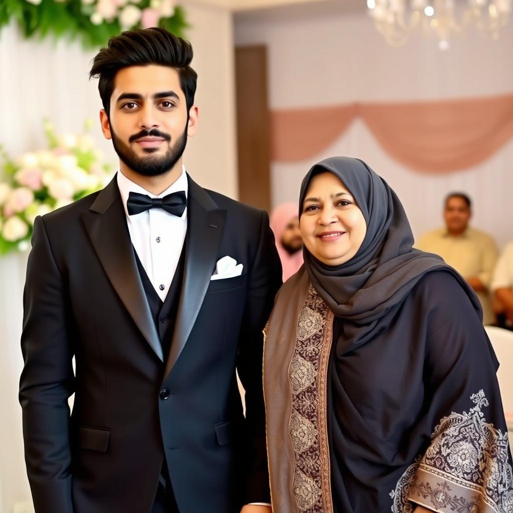 An Iranian groom standing proudly, with striking black hair and a well-groomed stubbled beard, dressed in a stylish black suit