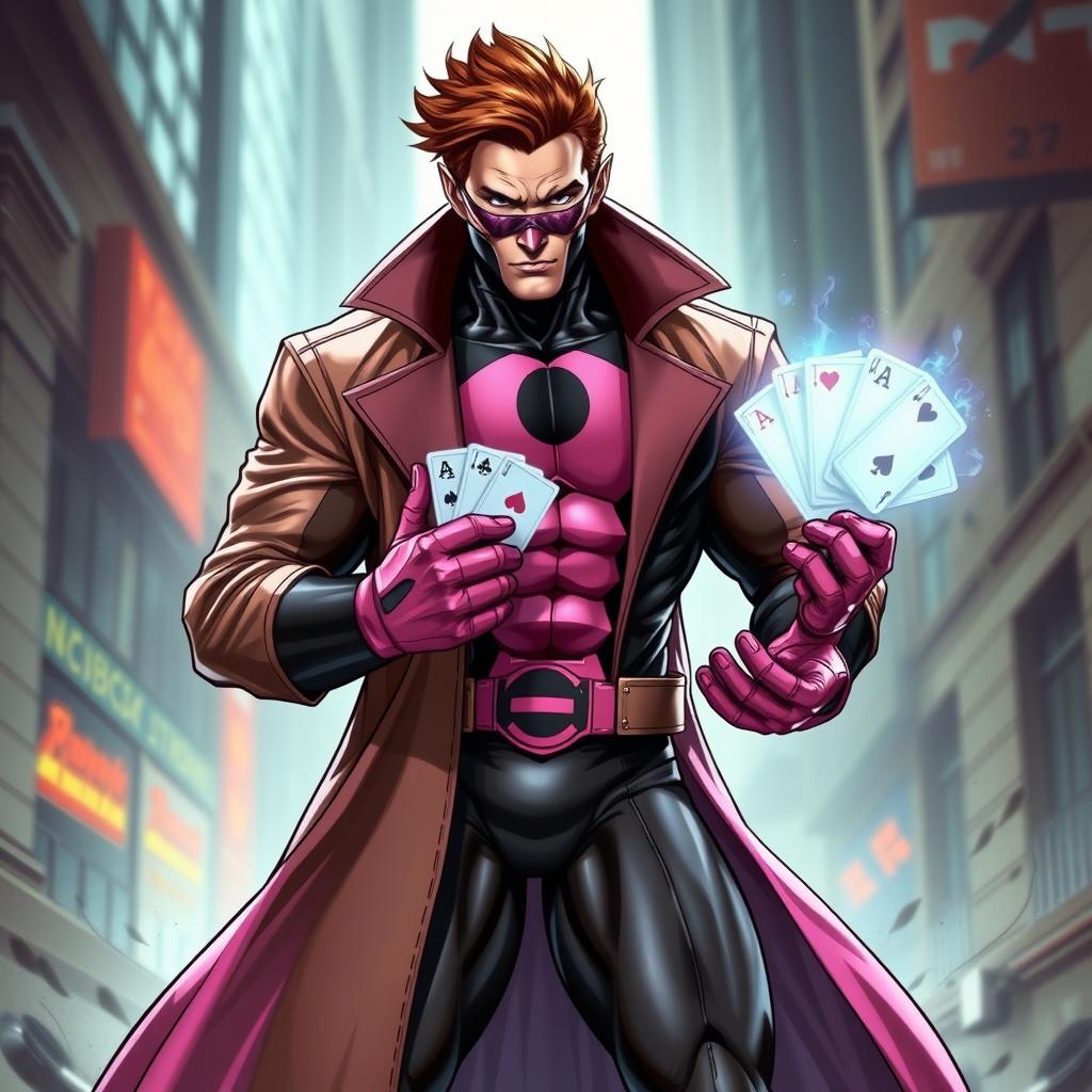 A muscular superhero dressed in the iconic costume of Gambit from X-Men, featuring a long trench coat, pink and black bodysuit with the distinctive card motif, and a facial protector covering the lower half of his face