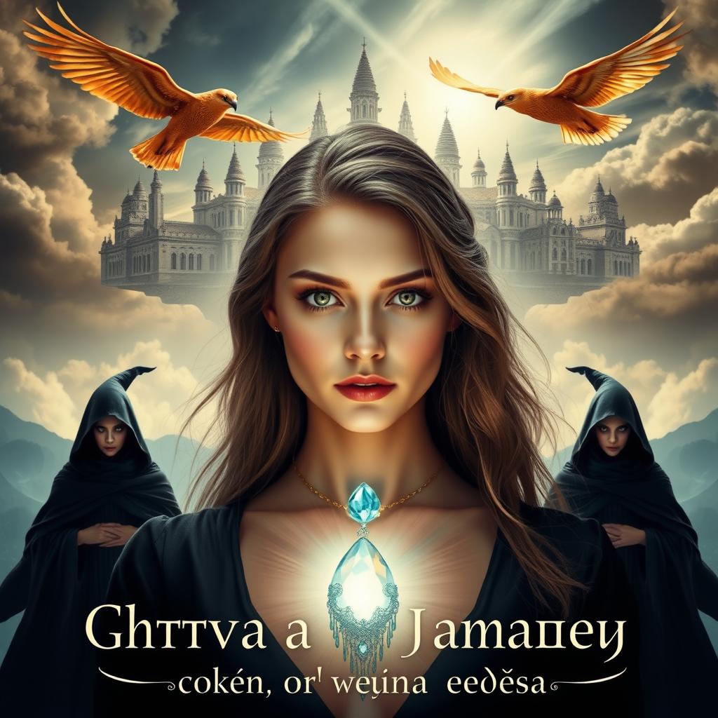 A striking image of a beautiful young woman wearing an enchanting gemstone around her neck, casting a mystical glow