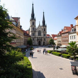 A picturesque Eastern European city square featuring a stunning Lutheran cathedral