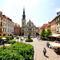 A picturesque Eastern European city square featuring a stunning Lutheran cathedral
