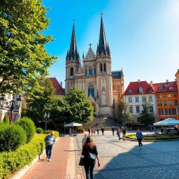 A picturesque Eastern European city square featuring a stunning Lutheran cathedral