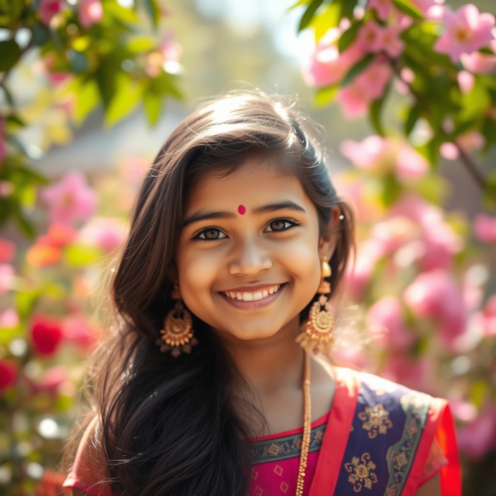 A beautiful portrait of an Indian girl, around 15 years old, with a bright and cheerful expression