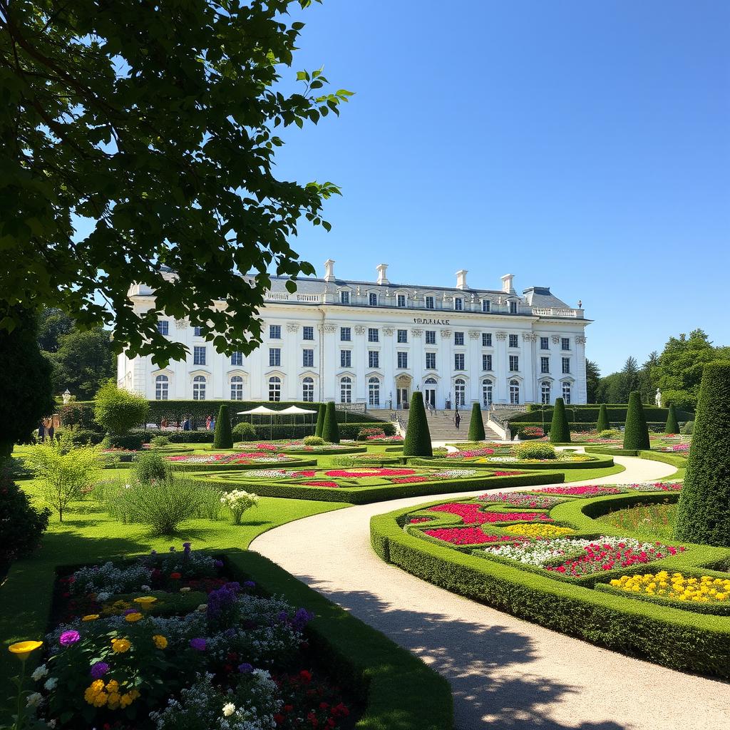 A grand white palace situated in Europe, elegantly designed with classic architecture, featuring tall windows and intricate details