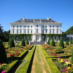 A grand white palace situated in Europe, elegantly designed with classic architecture, featuring tall windows and intricate details