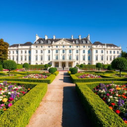 A grand white palace situated in Europe, elegantly designed with classic architecture, featuring tall windows and intricate details