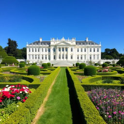 A grand white palace situated in Europe, elegantly designed with classic architecture, featuring tall windows and intricate details