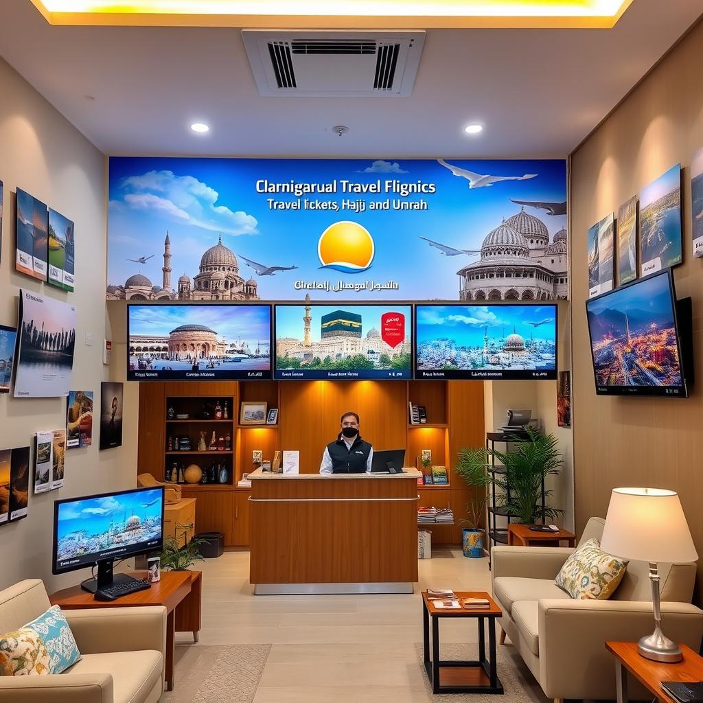A beautifully designed office interior for a travel agency specializing in tourism and flight tickets for Hajj and Umrah, showcasing various travel brochures on the walls