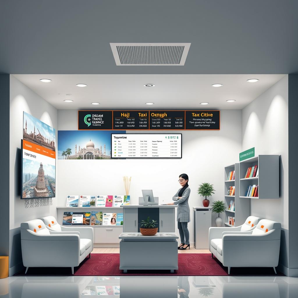 A dream travel agency office designed to represent tourism and travel services, featuring elements like airplane ticket booking for Hajj and Umrah, organized tours, and taxi services for intercity transportation