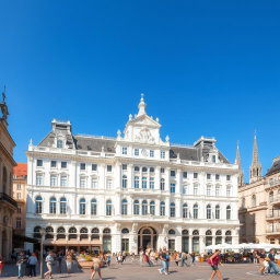 A beautiful large white palace, surrounded by a stunning historic square in Europe